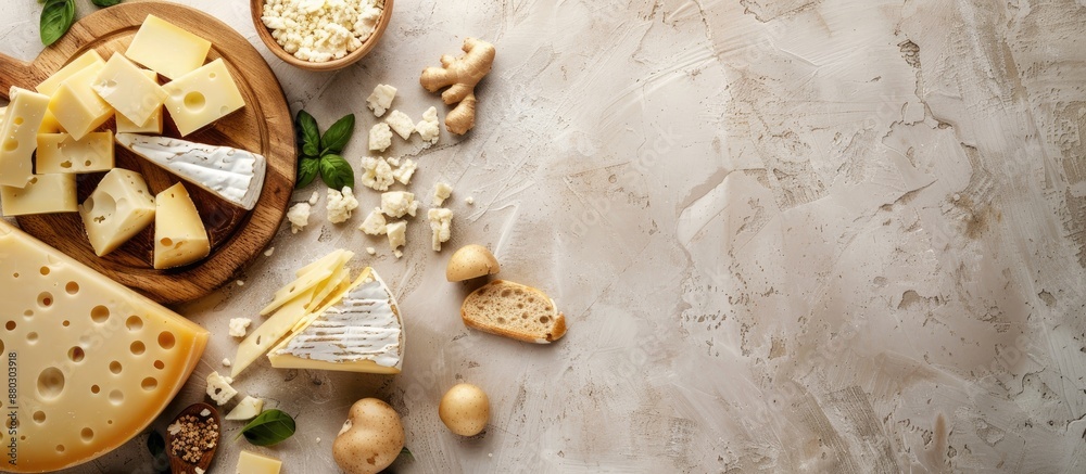 Poster Various types and forms of cheese, representing a healthy food concept, set against a food-themed background with ample copy space for additional elements.