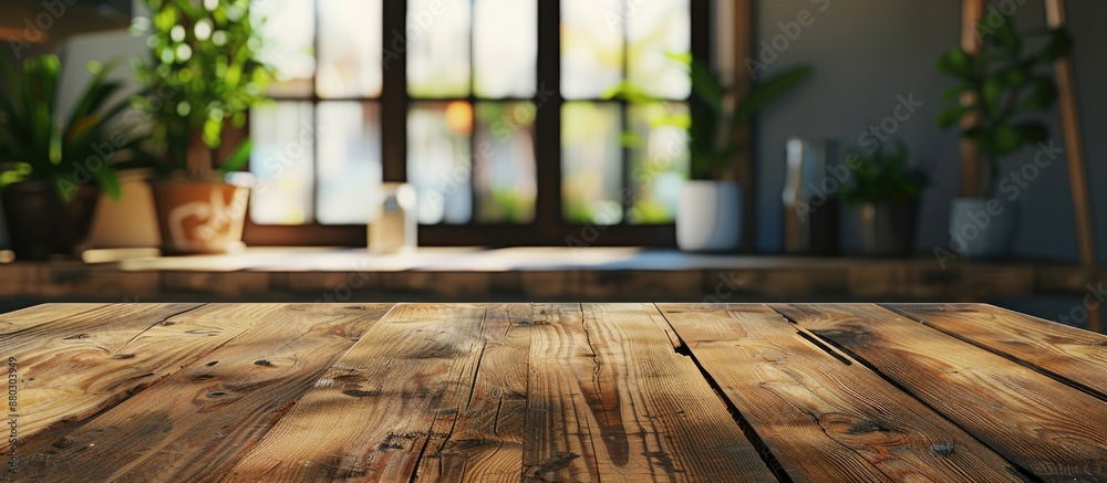 Leinwandbilder Wooden table with no items on it and a blurry background window with room for text or images, suitable for exhibiting products in a visual display.