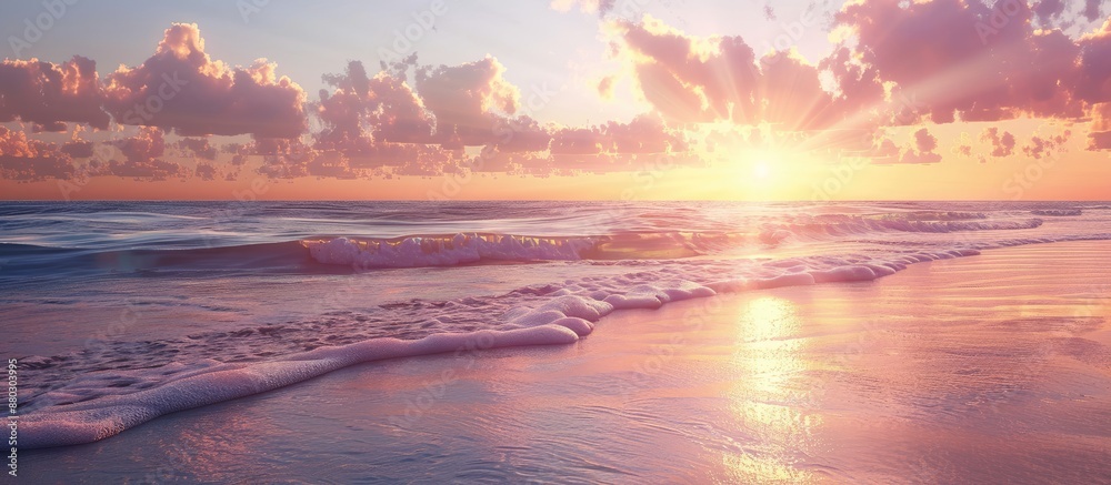 Poster a beautiful beach scene with waves softly touching a sand bar under a stunning sunset backdrop, perf