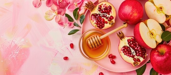 Flat lay background with traditional symbols like apples, honey, and pomegranate set on a pastel pink and coral table for Rosh Hashana, the Jewish New Year celebration. Includes a copy space image.