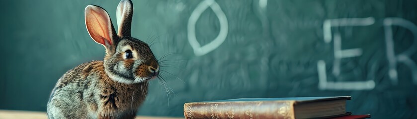 Obraz premium Curious rabbit sitting in front of a chalkboard with the word 'over' written on it.