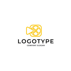 Logo of a video camera with an element in the form of a sun, a flower, a cassette. Logo in vector, outline style.