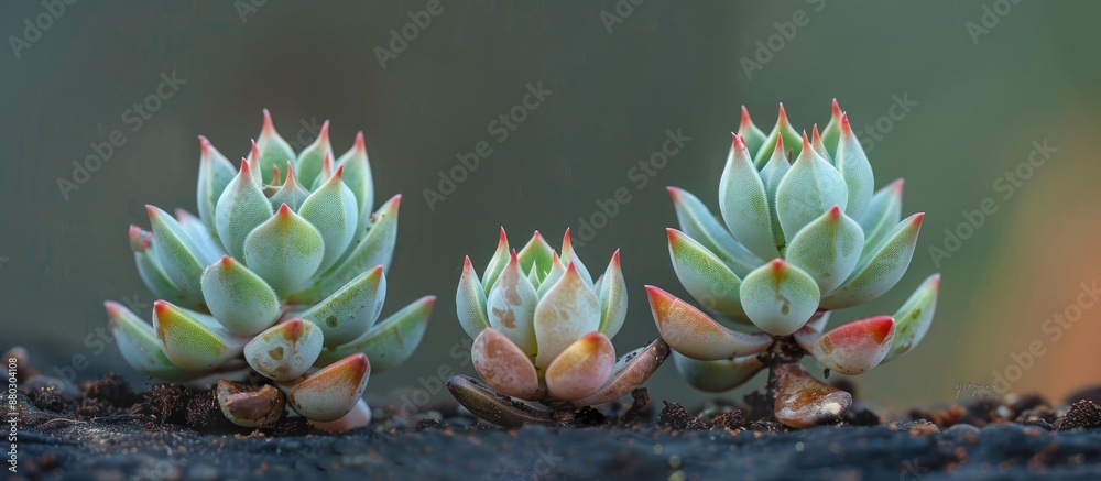 Aufkleber Two unique mini succulents exhibit distinct personalities. The plants' sleek bends and delicate breaks offer a visually appealing dynamic to the copy space image displayed.