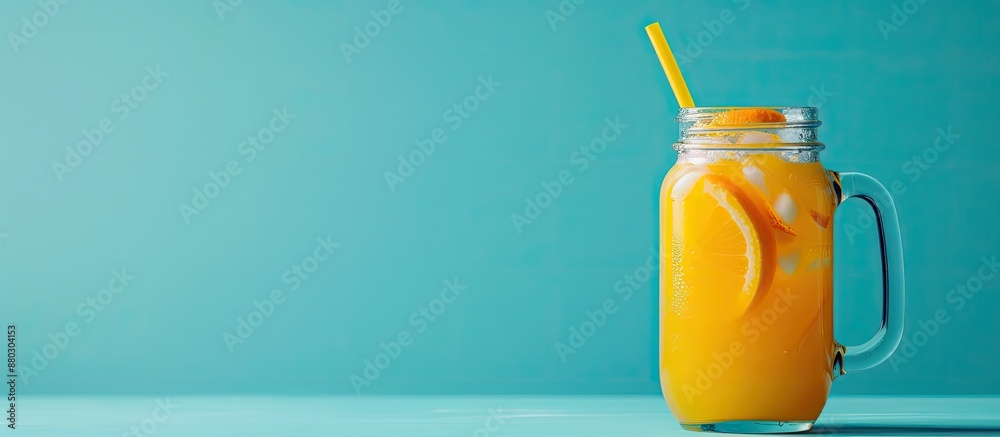 Poster copy space image of refreshing summer orange juice in a glass with a straw next to a glass jug on a 