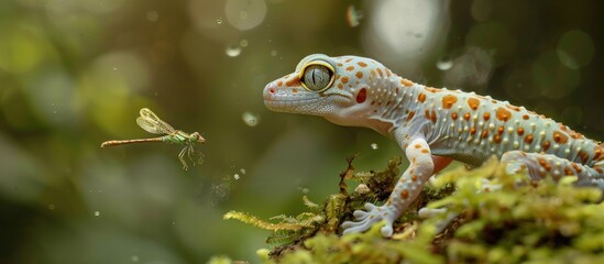 A juvenile Gekko gecko, a species of tokay gecko, is hunting a dragonfly in a scene perfect for a copy space image.