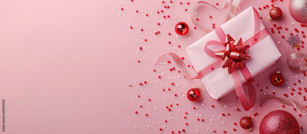 Poster minimalistic christmas composition featuring gift box with ribbon and baubles on a pink background i