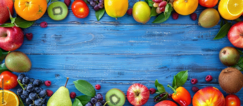 Poster blue wooden background with fresh fruits displayed and space in the middle for text.