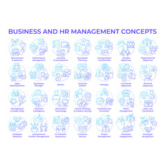 Business and HR management blue gradient concept icons. Professional development. Critical thinking. Talent hiring. Icon pack. Vector images. Round shape illustrations. Abstract idea