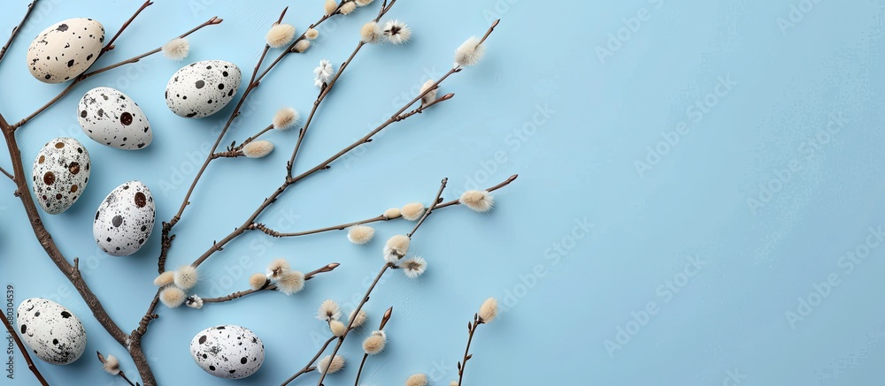 Poster Flatlay with Easter decorative eggs and branches on a soft blue pastel backdrop featuring a craft quail egg design. Festive spring holiday card with ample copy space image.