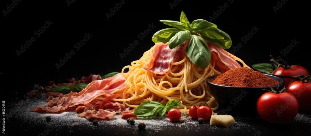 Poster italian spaghetti ingredients with tomatoes and bacon on a black background, creating a visually app