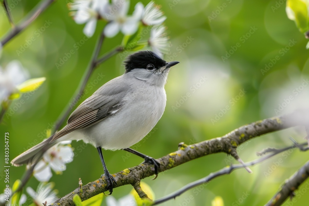 Poster a small bird is sitting on a branch of a tree, looking around