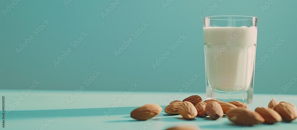 Poster Almond nut and milk neatly arranged on a table with plenty of copy space image.