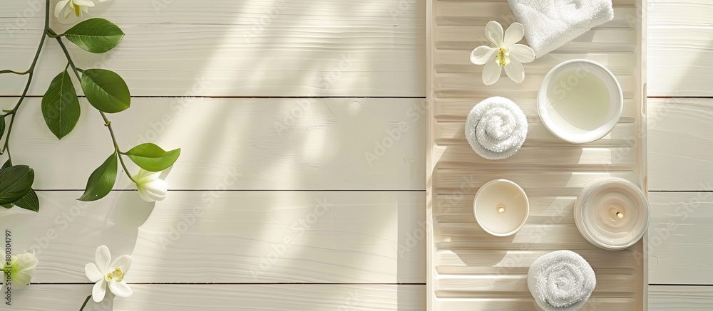 Poster white wooden table displays a tray set up for spa treatment with copy space image.