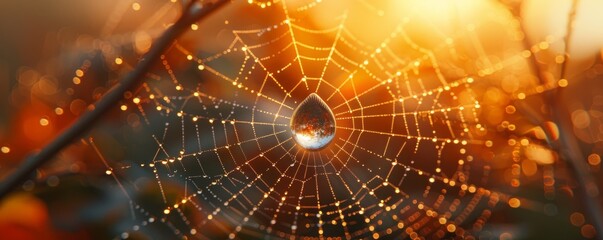 A photorealistic image of a dewdrop clinging to a spiderweb, reflecting the sunrise.