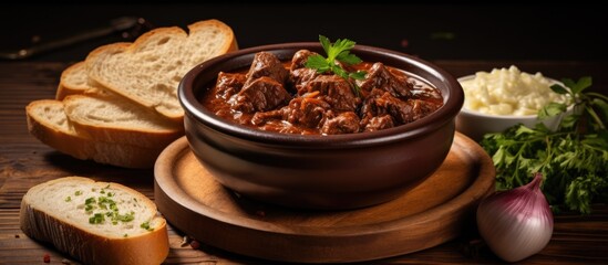 Beef Goulash served with onion and rustic homemade bread, complemented by a visually appealing background to create an enticing copy space image.