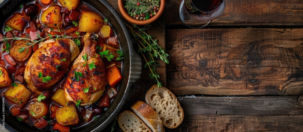Poster Top view of chicken chilindron in a rich vegetable sauce with red wine and cured ham. Includes a copy space image.