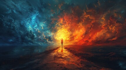 Solitary Figure Walking on Path Through Dramatic Skyscape with Intense Fire and Ice Color Contrast Depicting Duality and Journeyperson