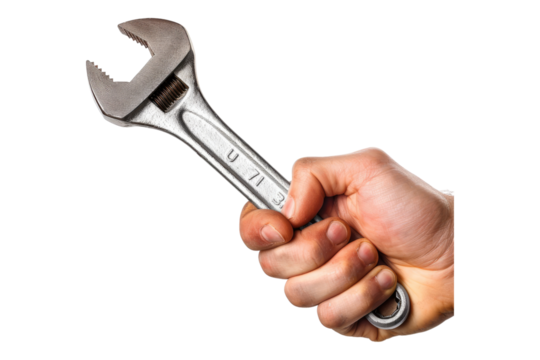 hand holding wrench isolated on transparent background