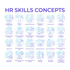 HR skills blue gradient concept icons. Conflict resolution. Employee relations. Team building. Talent hiring and attracting. Icon pack. Vector images. Round shape illustrations. Abstract idea