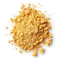 Close-up image of a pile of bright yellow crushed eyeshadow powder isolated on a white background