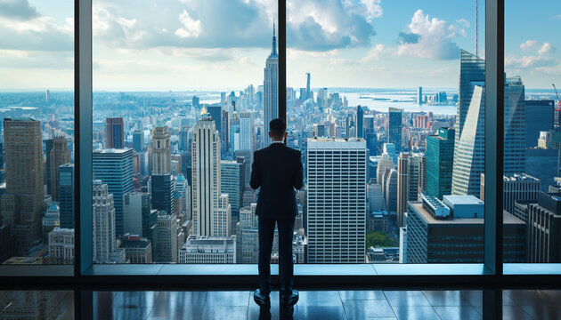 Fototapeta business people seeing city skyscraper through window 