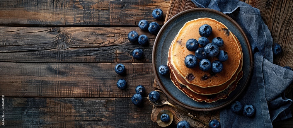 Poster breakfast featuring pancakes and blueberries set on a dark wooden table with available copy space im