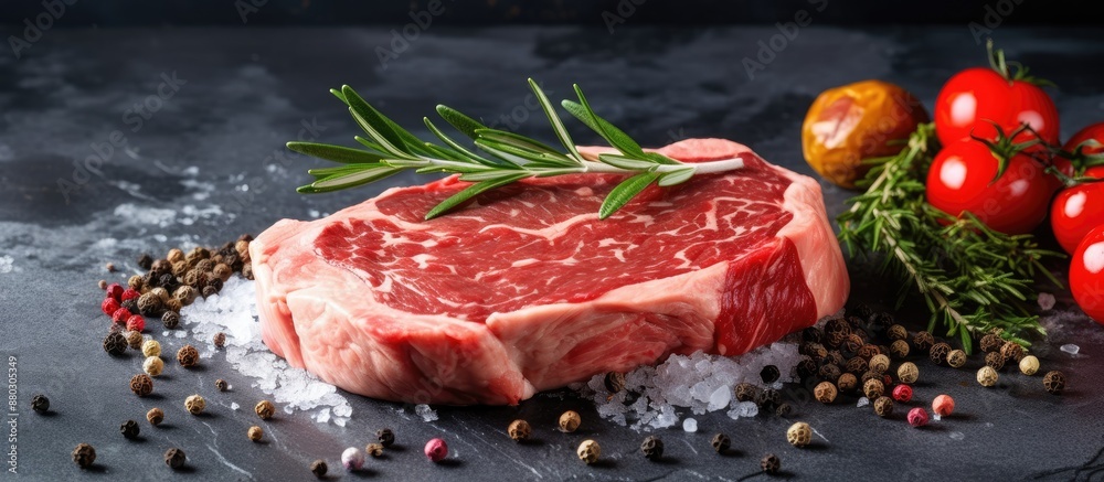 Poster a succulent uncooked beefsteak being prepared in a kitchen, with basil leaves, tomatoes, and spices 