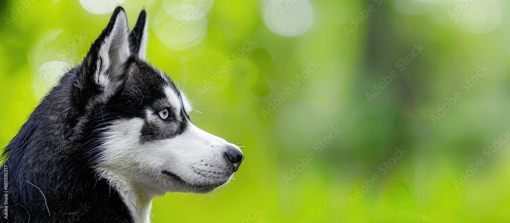 Aufkleber husky dog with a charming appearance against a green backdrop, ideal for a copy space image.