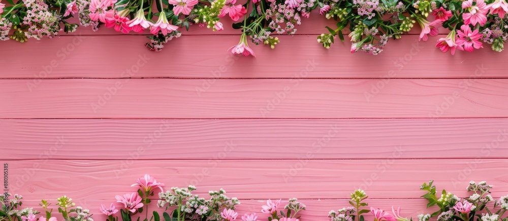 Aufkleber pink wooden background adorned with a border of lovely spring flowers, providing a flat lay view wit