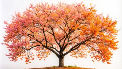 Vibrant orange and pink cherry tree with delicate branches and sparse leaves stands isolated against a pristine white background.