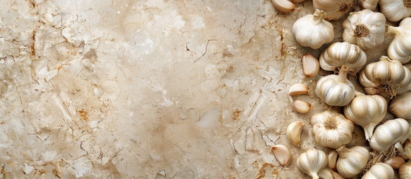 Stone floor provides copy space image for garlic concept web-logo.