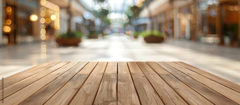 Poster a wooden table with a blurred shopping center background, ideal for product displays, featuring a co