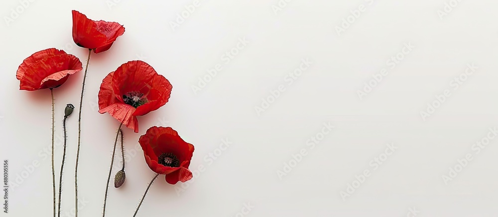 Sticker Red poppies, also known as common poppy, on a white backdrop providing room for text in a copy space image.