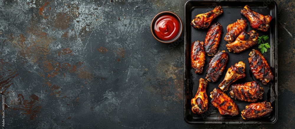 Sticker View from the top showing grilled spicy chicken wings in Mexican or Chinese style with ketchup on a black metal tray, along with copy space image.