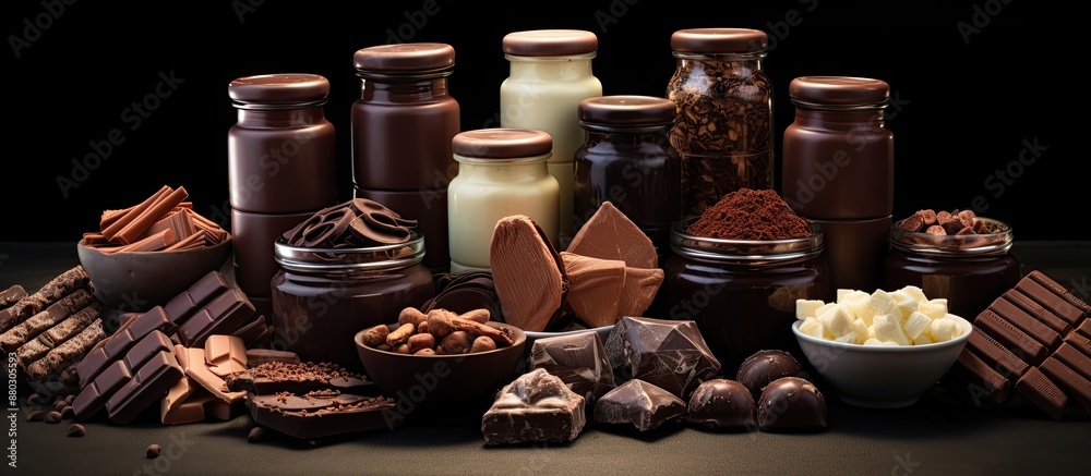 Aufkleber diverse chocolate displayed in various containers on a black and brown background alongside a copy s