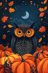 Owl in a pumpkin patch autumn night space for text flat design illustration
