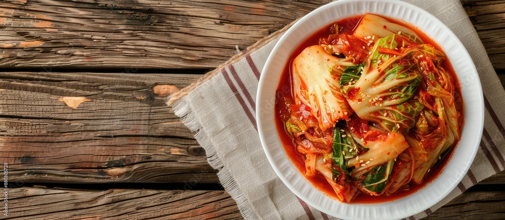 Poster a top view of korean cabbage kimchi in a white bowl on a wooden surface with selective focus. the le