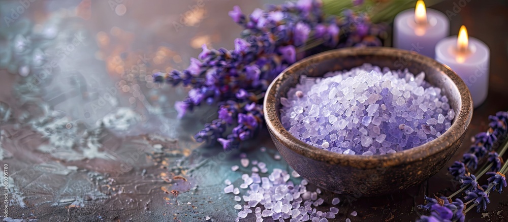 Poster spa setting with relaxing sea salt and lavender flowers, featuring a serene ambiance and a soothing 