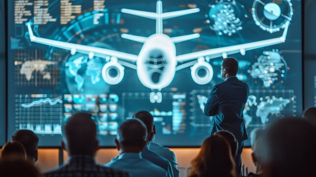 The fusion of science and design in the construction of passenger aircraft is showcased at a technology conference, with large screen schematics and visualizations.