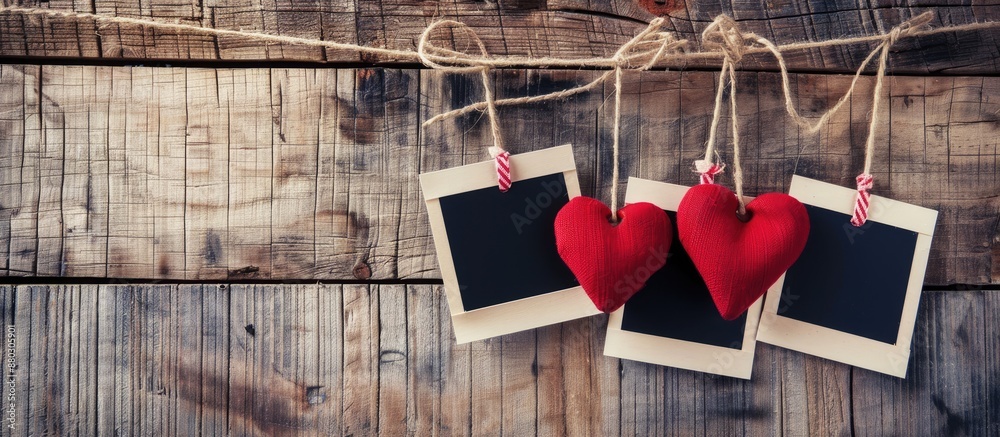 Aufkleber two red heart decorations hanging on a cloth line against a wooden backdrop with space for text. val
