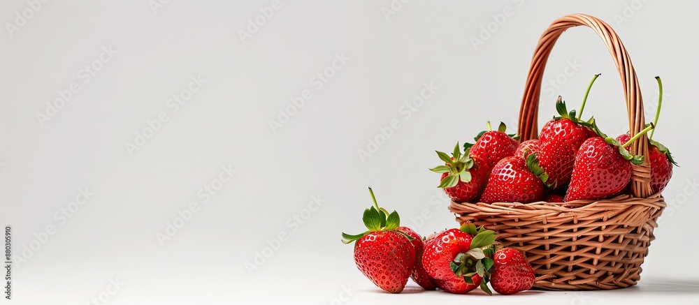 Poster basket holds few strawberries on white backdrop with copy space image.