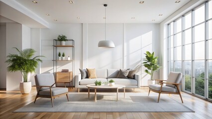 Fototapeta premium Minimalist interior design concept featuring bright white walls, empty space, and clean lines with subtle natural light illumination.