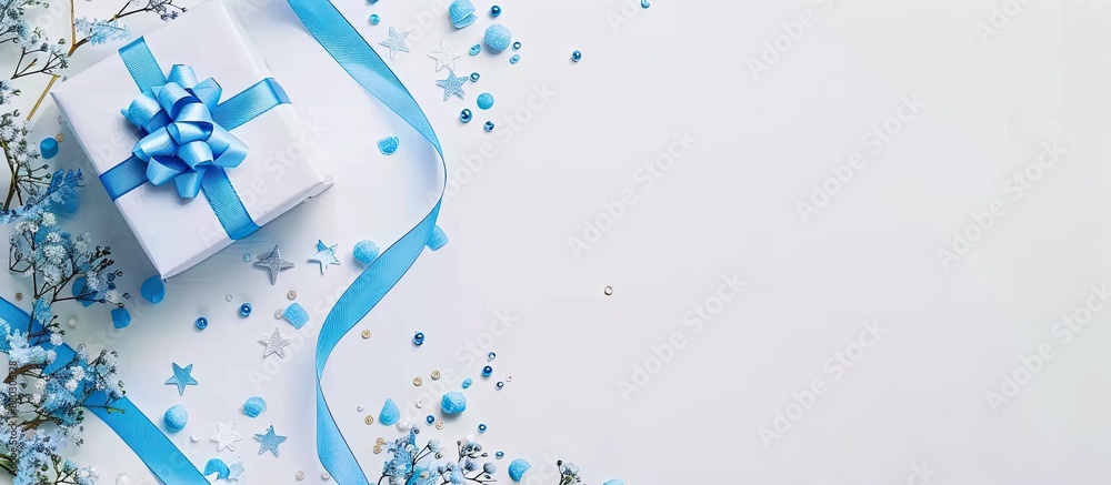 Poster blue themed birthday concept for a boy with a gift box placed on a white background in a top view fr
