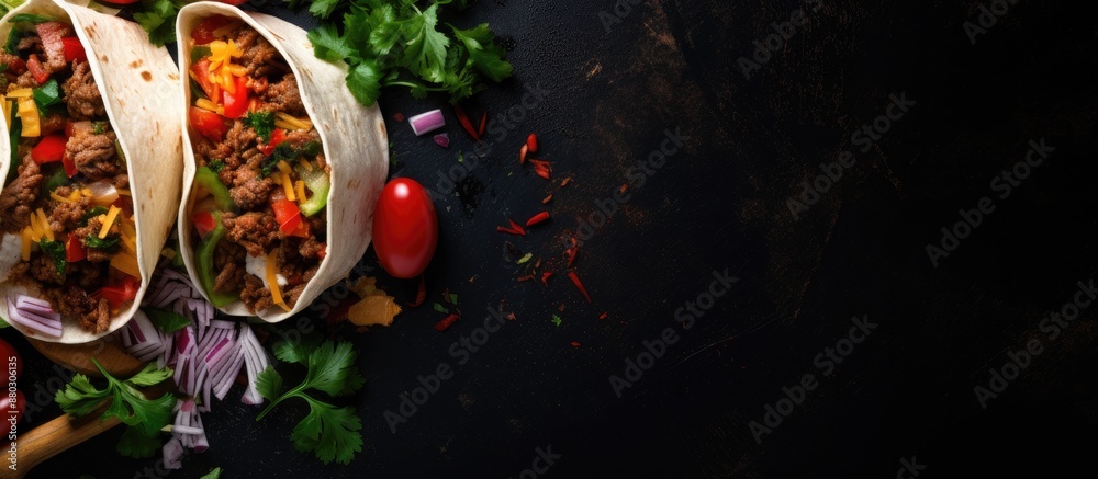 Poster top-down view of tortillas filled with assorted vegetables and beef, suitable for tacos or burritos,
