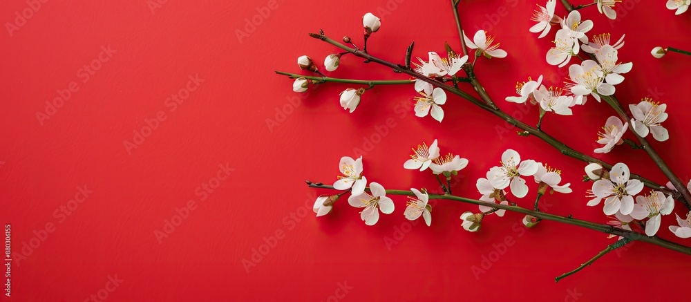 Aufkleber blank space available on a red background beside a spring branch with white blossoms.