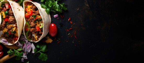 Top-down view of tortillas filled with assorted vegetables and beef, suitable for tacos or burritos, against a dark backdrop with available copy space image.
