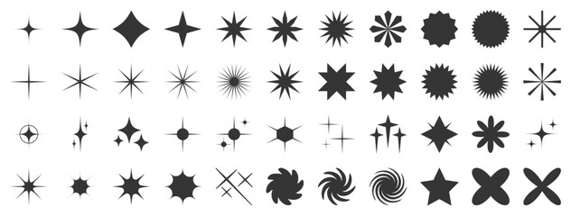 Collection of retro futuristic sparkle icons. Set of star shapes. Abstract cool shine effect sign vector design. Templates for design, posters, projects, banners, logo, and business cards