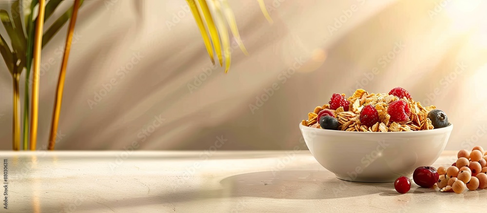 Poster A breakfast muesli with ripe berries displayed on a table alongside a blank space for text or graphics.