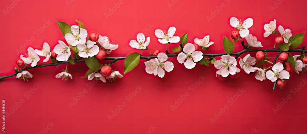 Poster Isolated branch of an apple tree with blossoms, arranged on a red background in a flat lay style, providing a dramatic copy space image.