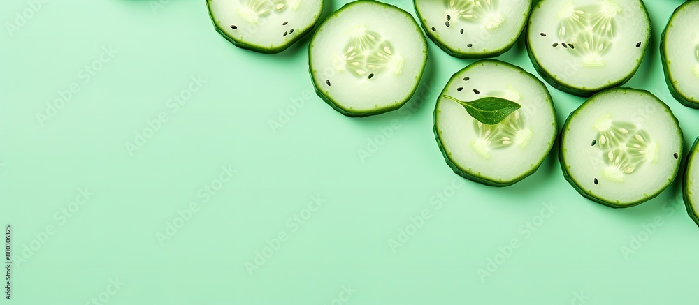 Poster cucumber slices on a face mask against a light green background, providing a serene copy space image